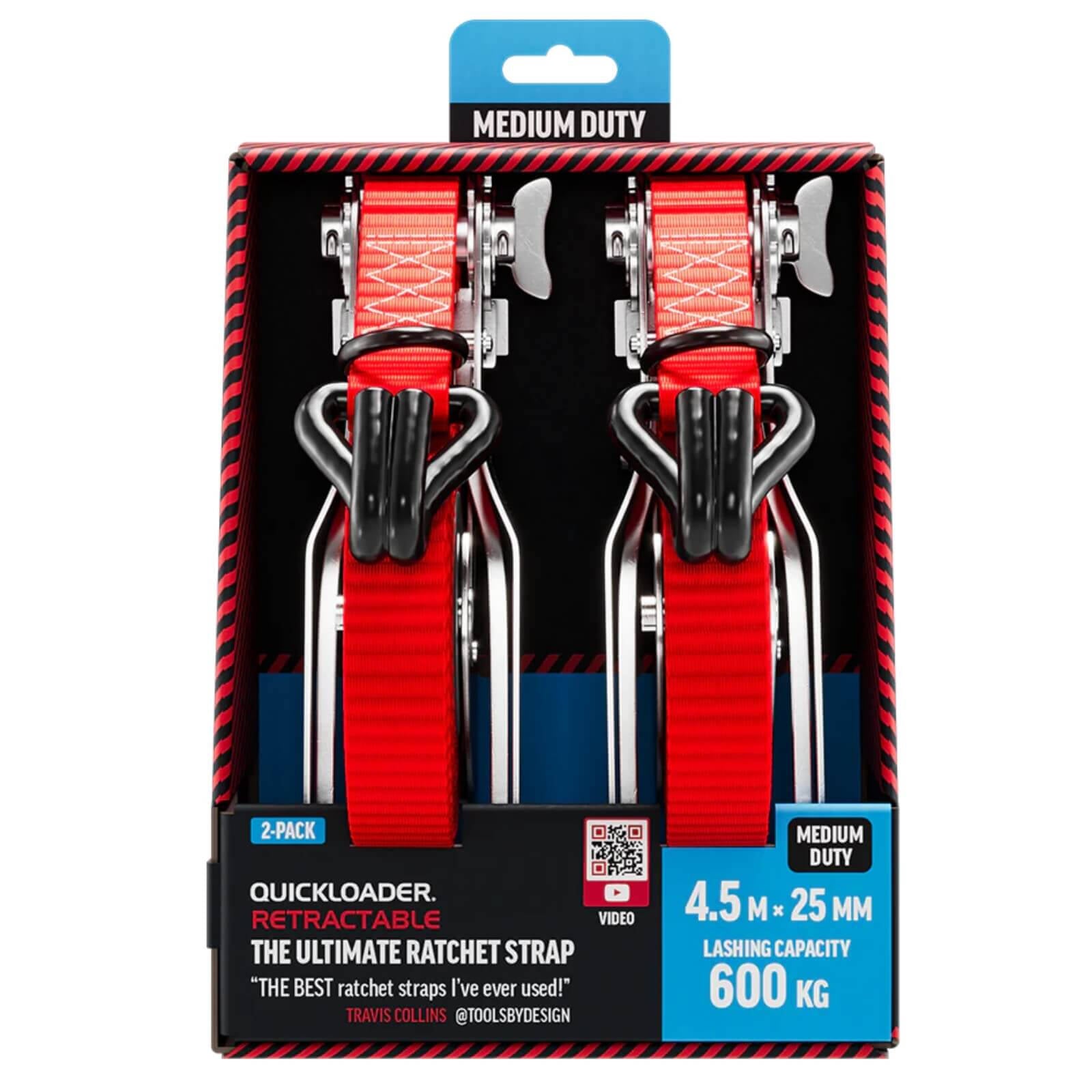 Quickloader Retractable Ratchet Tie Down Strap 4.5m x 25mm 600kg - 2 Pack