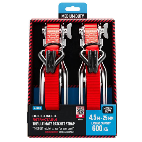 Quickloader Retractable Ratchet Tie Down Strap 4.5m x 25mm 600kg - 2 Pack