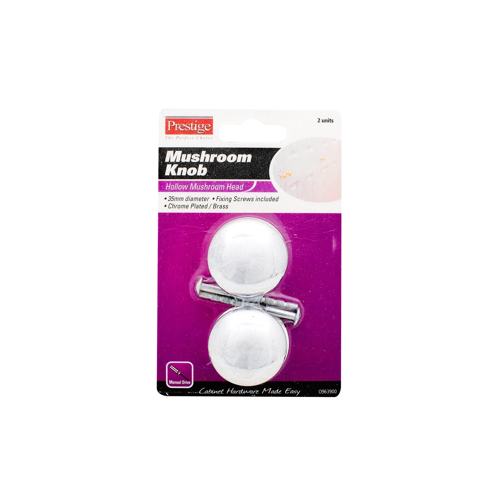 Prestige 35mm Chrome Plated Hollow Mushroom Cupboard Knob, 2 Pack