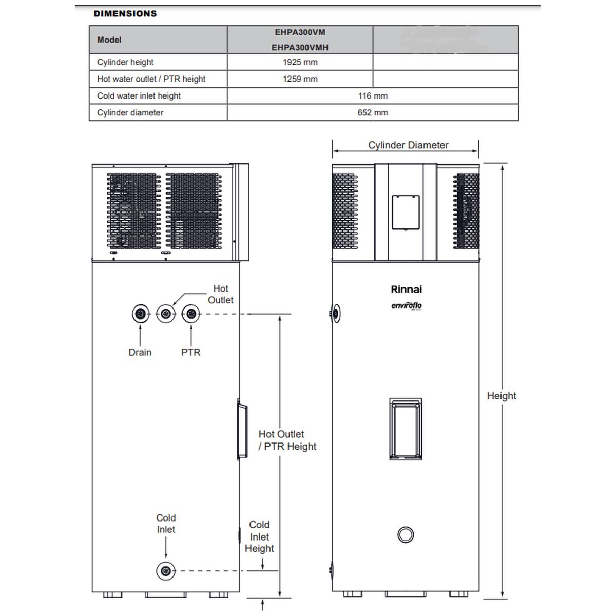 Rinnai Enviroflo 300L heat pump hot water system - hard water series, R290, Wi-Fi, 45dB - EHPA300VMH