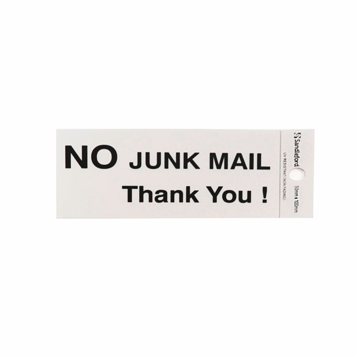 Sandleford 100 x 50mm No Junk Mail Thankyou Self Adhesive Sign, Gloss Silver Weather Resistant Polycarbonate