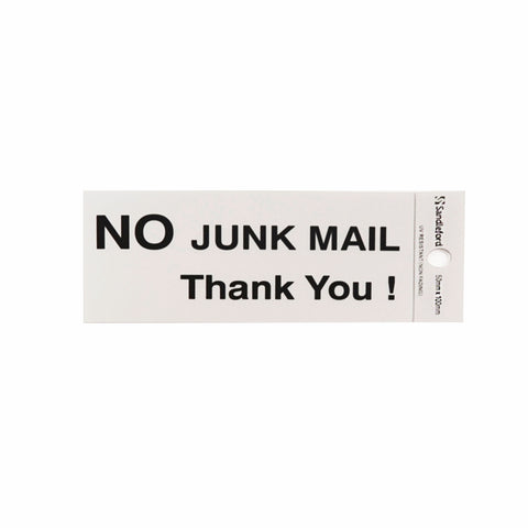 Sandleford 100 x 50mm No Junk Mail Thankyou Self Adhesive Sign, Gloss Silver Weather Resistant Polycarbonate