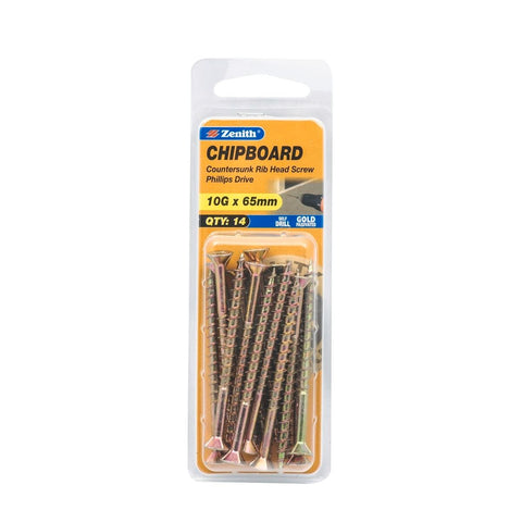 Zenith 10g x 65mm Gold Passivated Countersunk Rib Head Screws - 14 Pack - Self-Drilling - Maximum Grip - SuperSaverAU - view 1