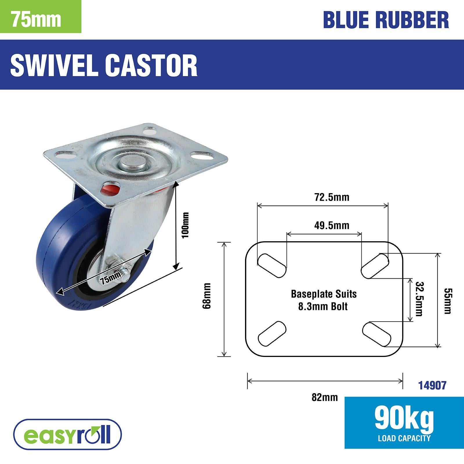Easyroll 75mm Blue Rubber Heavy Duty Swivel Castor 90kg Load Indoor Outdoor