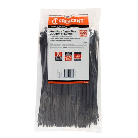 Crescent 300mm x 4.8mm Black Cable Ties 500 Pack Nylon UV Resistant