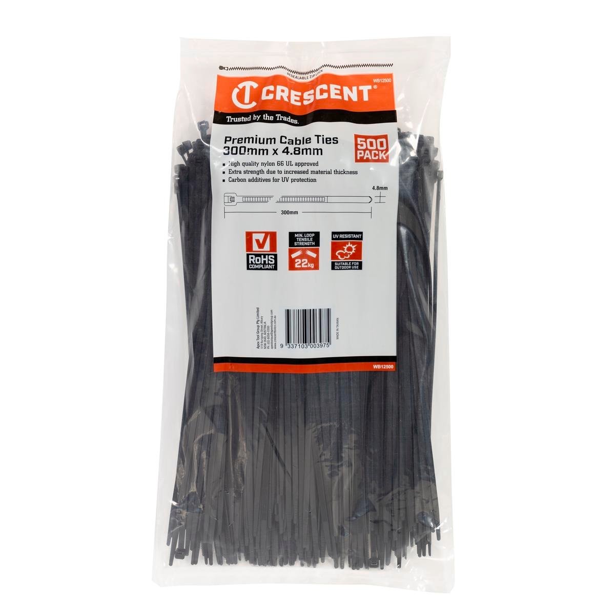 Crescent Black Cable Ties 300mm x 4.8mm Nylon Extra Strength 500 Pack - SuperSaverAU - view 1