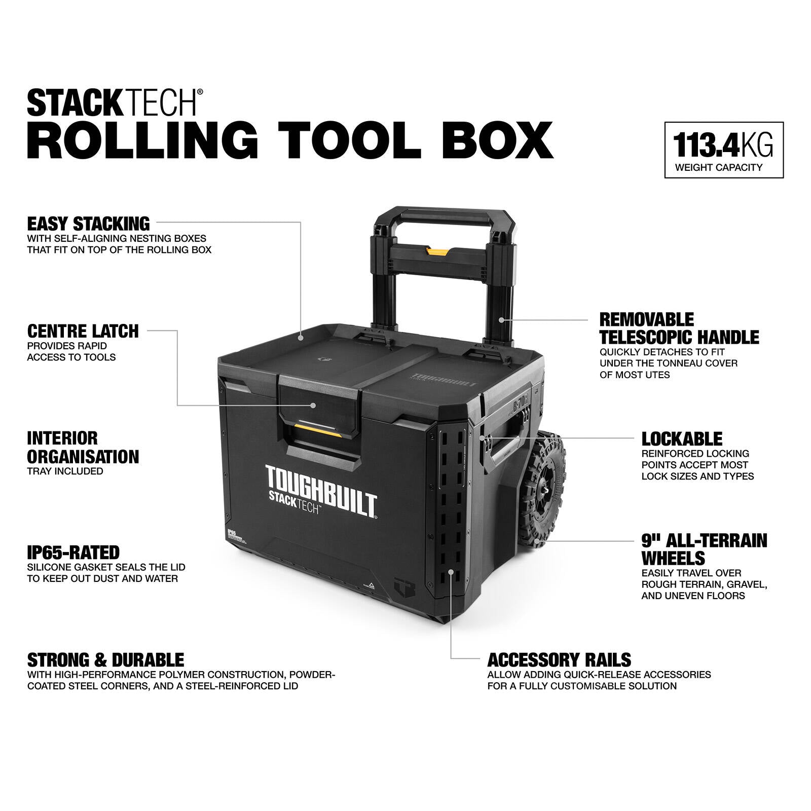ToughBuilt StackTech Rolling Tool Box - Telescoping Handle & All-Terrain Wheels