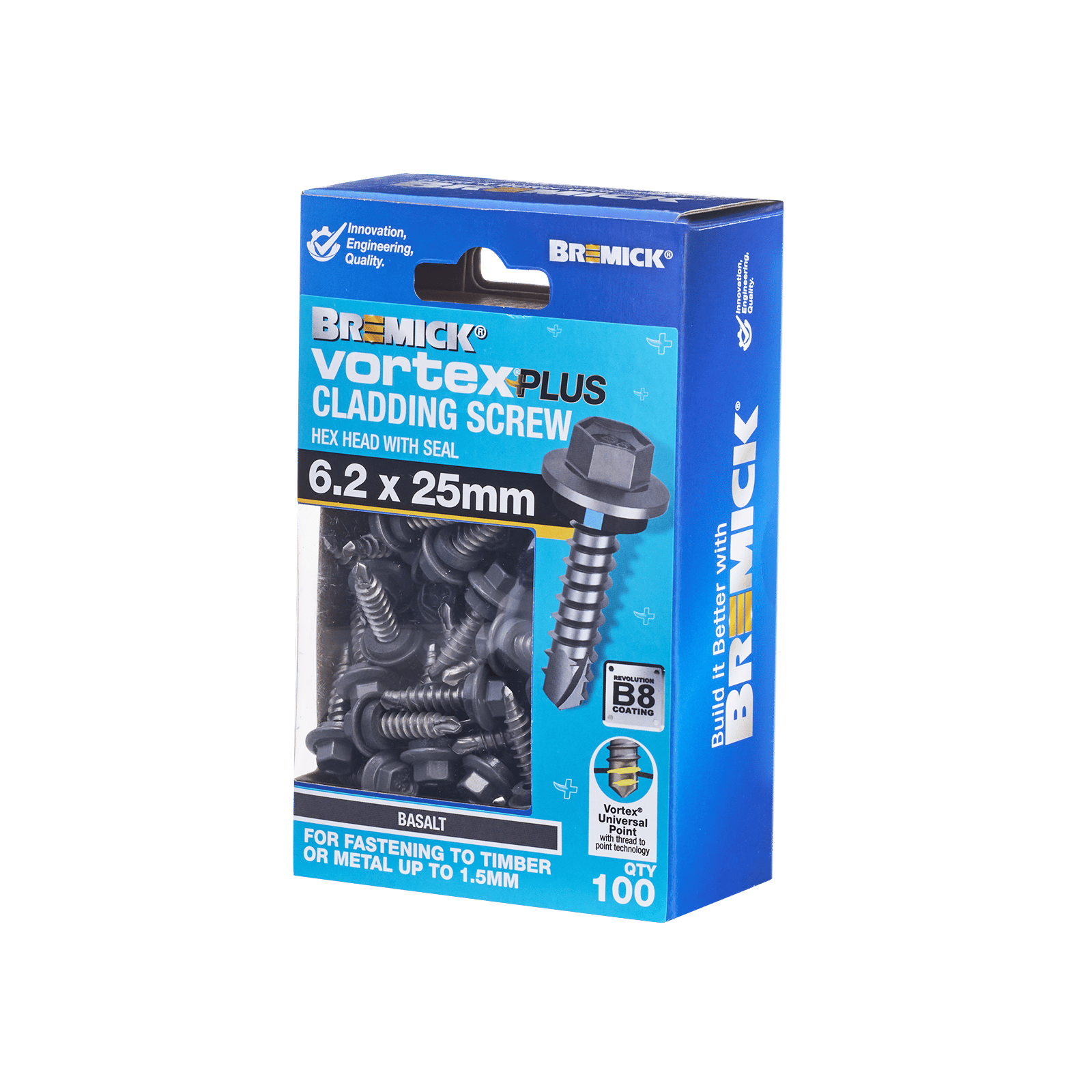 Bremick Vortex Plus 6.2 x 25mm Hex Cladding Screw, Carbon Steel B8 Basalt, Sealed Head Vortex Point - 100 Box