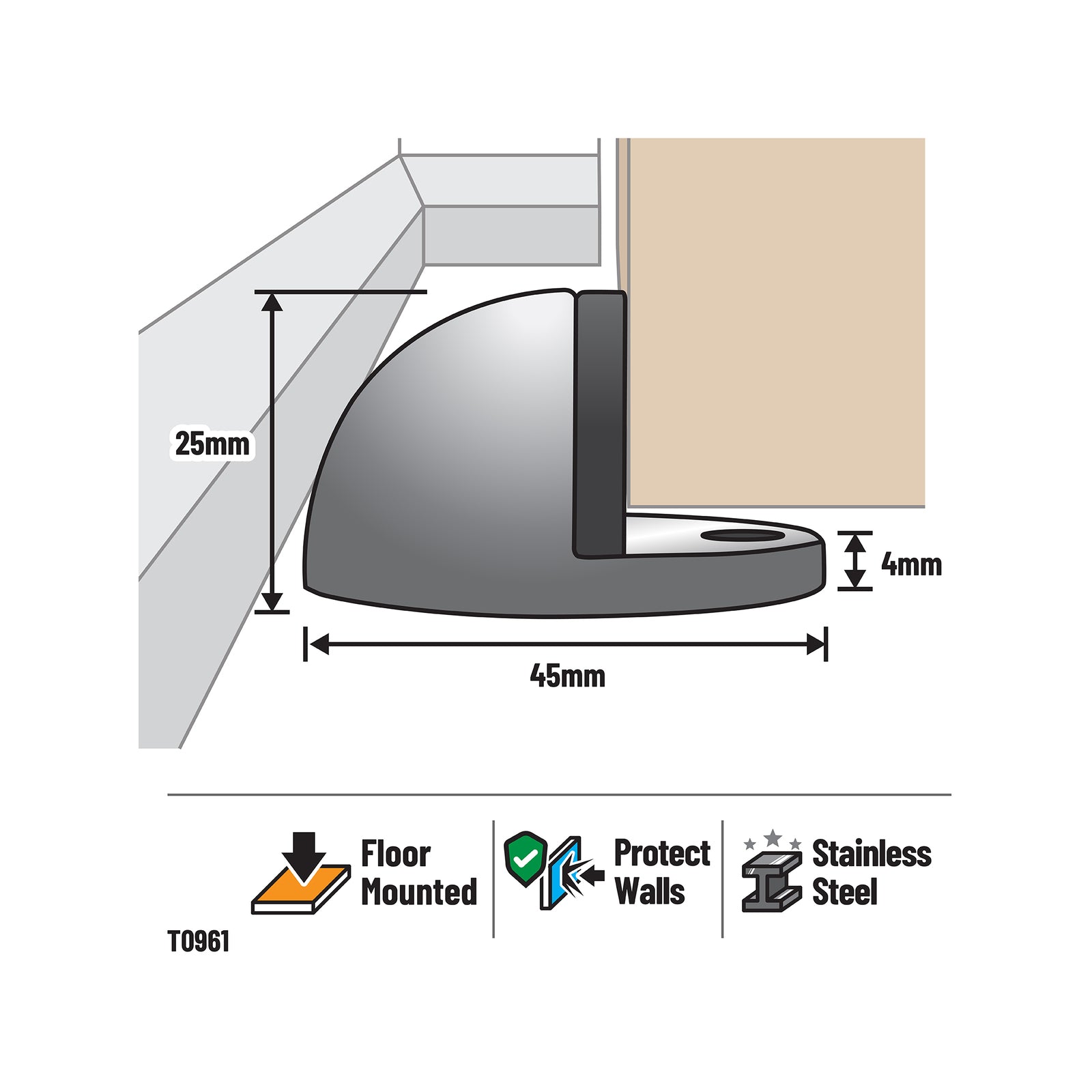 Adoored 106mm Short Half Moon Stainless Steel Door Stop, Weather & UV Resistant