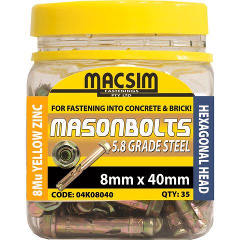 Macsim 8 x 40mm Yellow Zinc Plated Masonry Sleeve Anchor, Hex Nut - 35 Pack