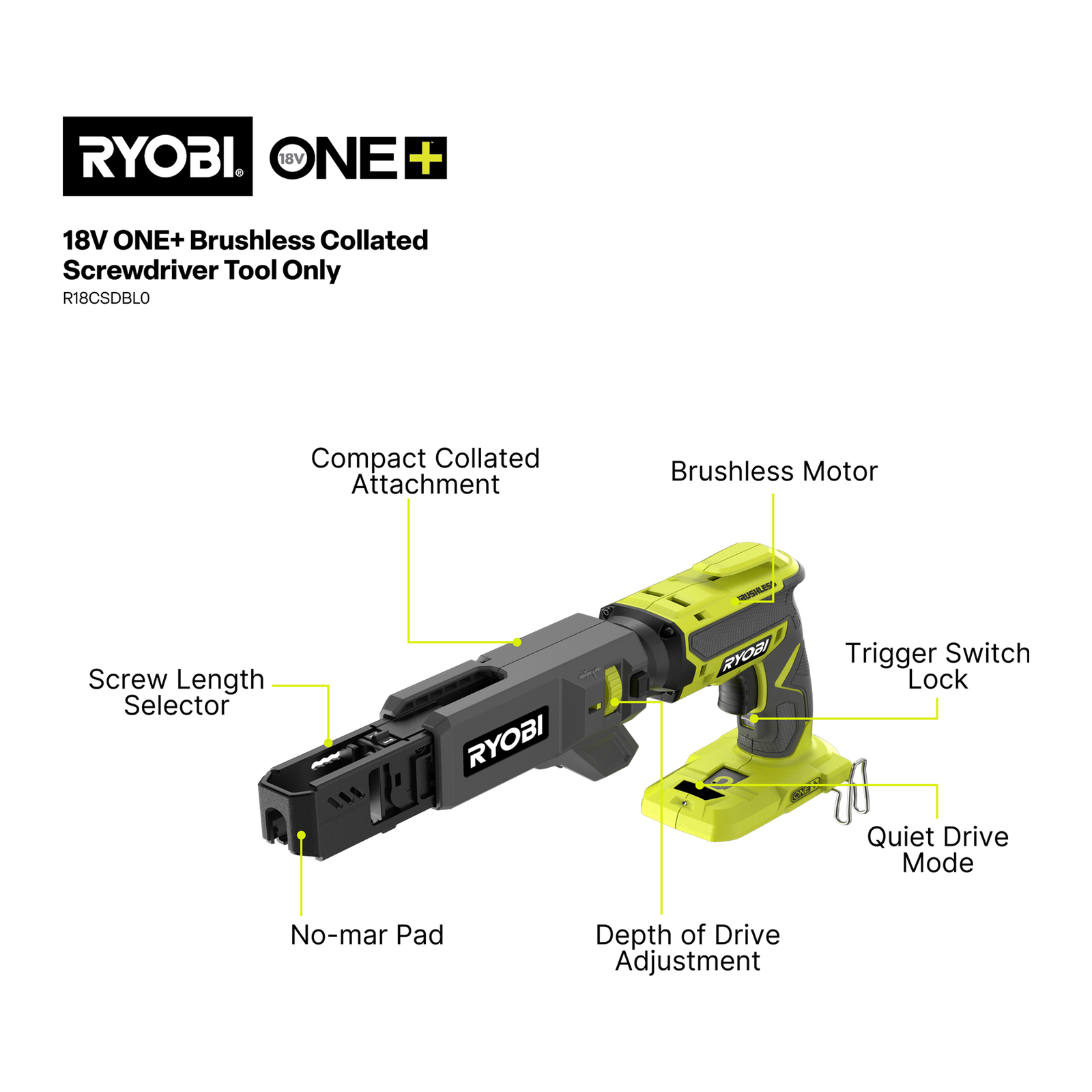 Ryobi 18V ONE+ Brushless Collated Screwdriver, Cordless Tool Only, R18CSDBL0