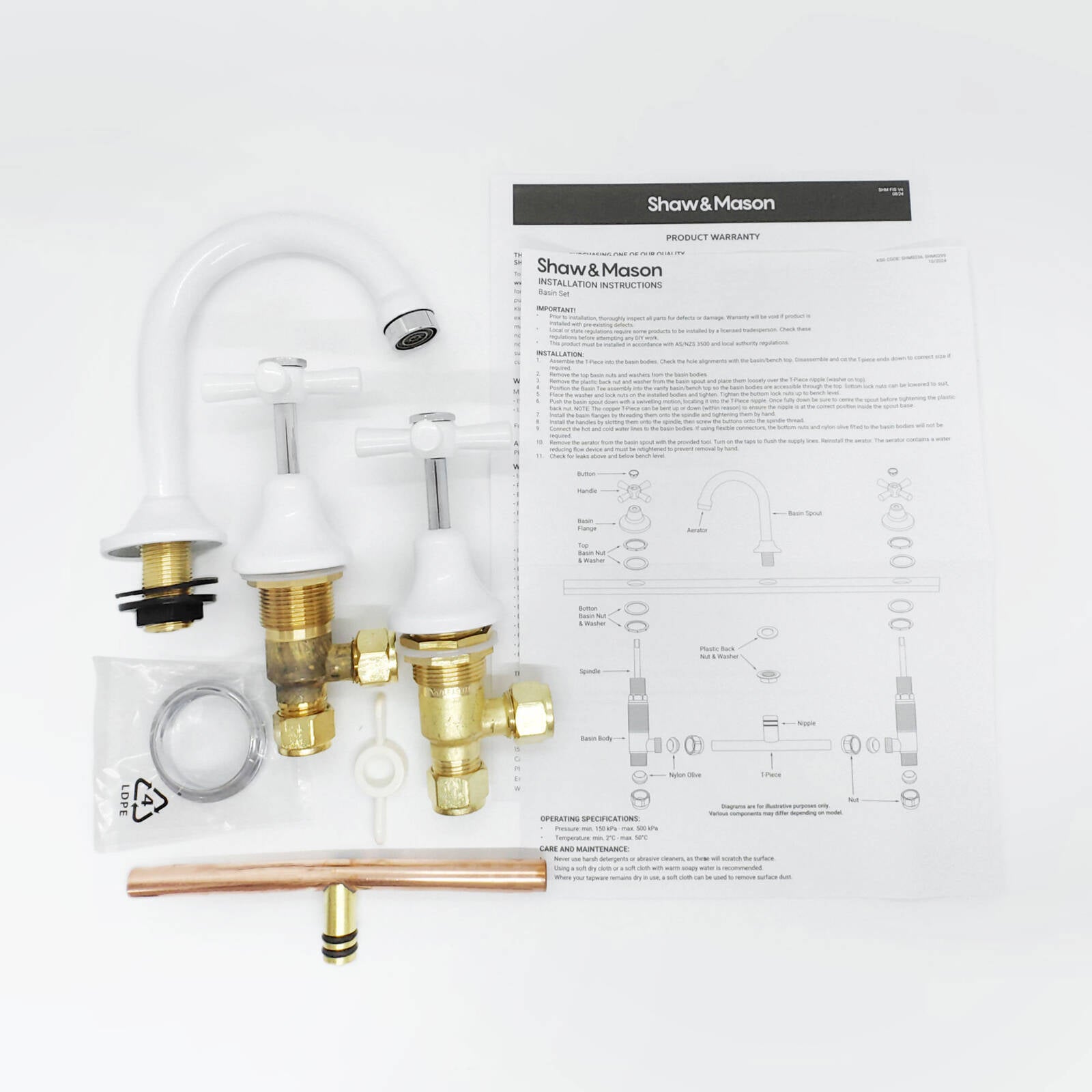 Shaw & Mason White Basin Set - Brass, 9L/min WELS 3 Star