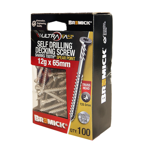 Bremick UltraFast 12g x 65mm 316 Stainless Steel T25 Truss Head Decking Screw - 100 Pack