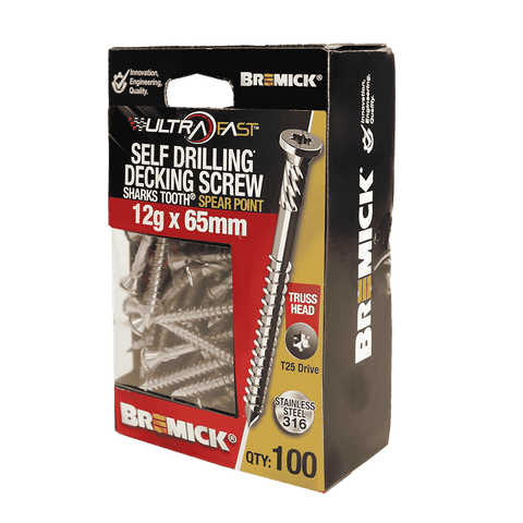 Bremick UltraFast 12g x 65mm 316 Stainless Steel T25 Truss Head Decking Screw - 100 Pack