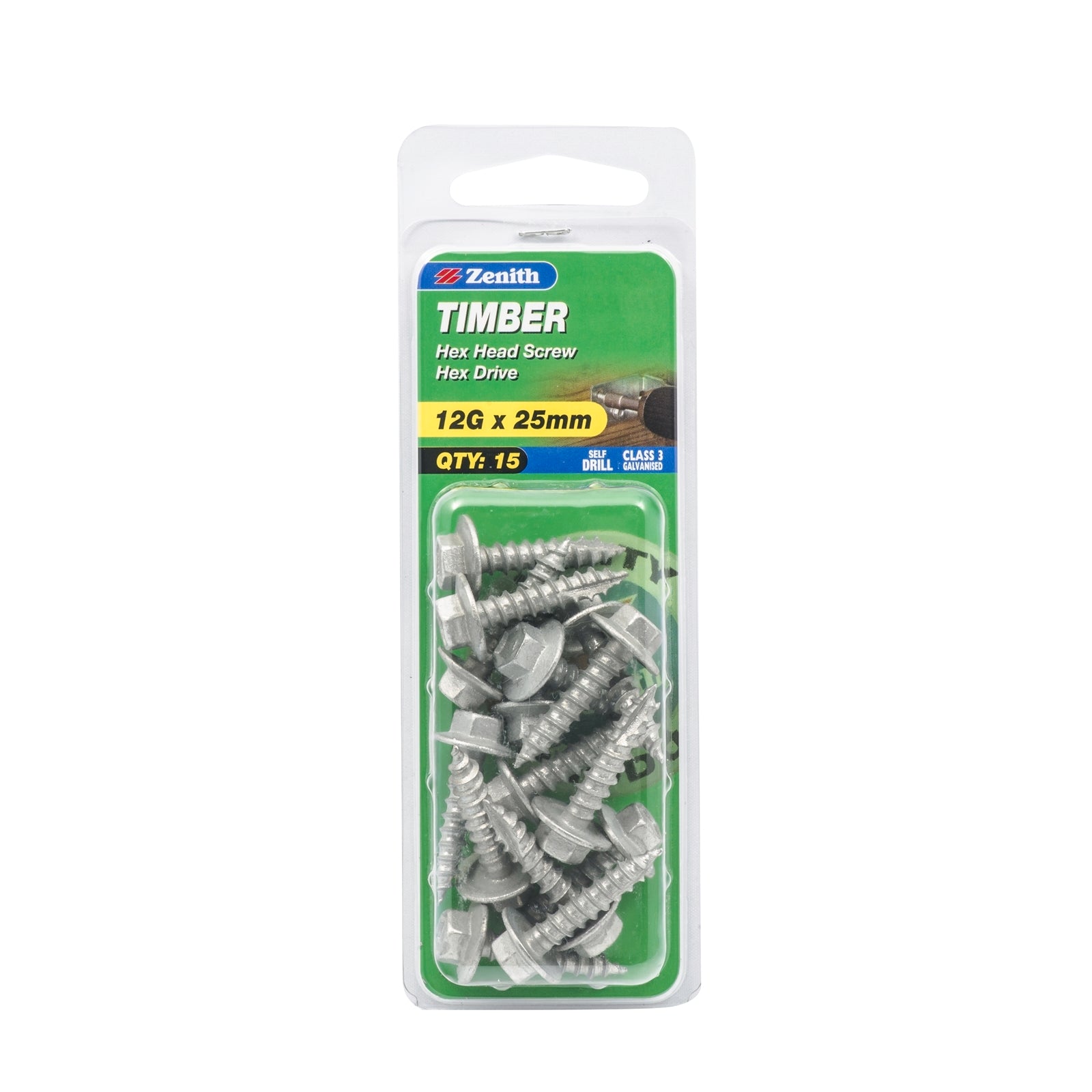Zenith 12G x 25mm Galvanised Steel Hex Head Timber Screws - 15 Pack
