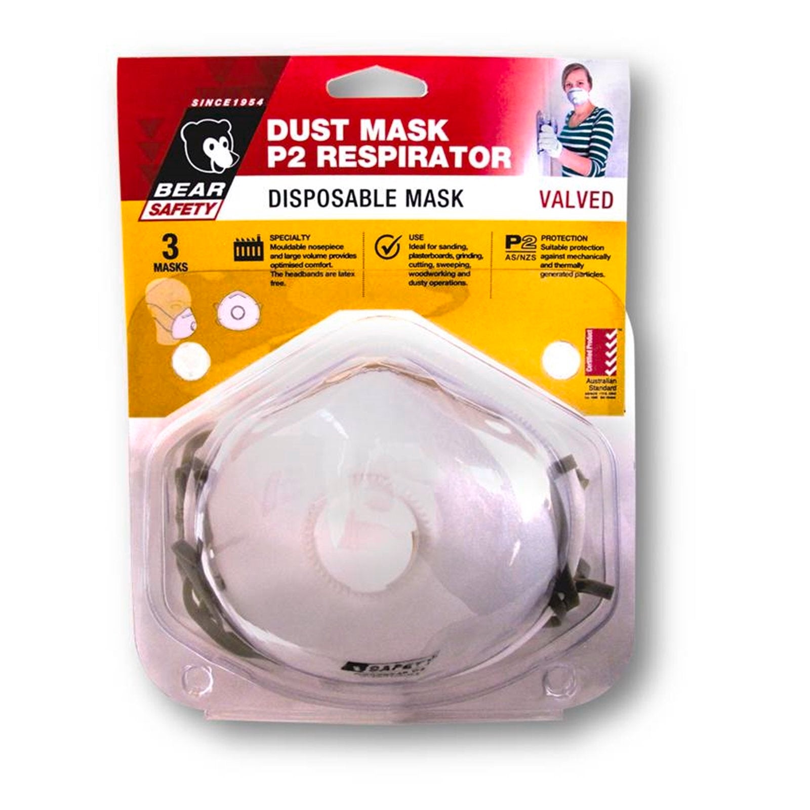 Bear Disposable P2 Respirator Dust Mask with Valve, Polypropylene, White, 3 Pack