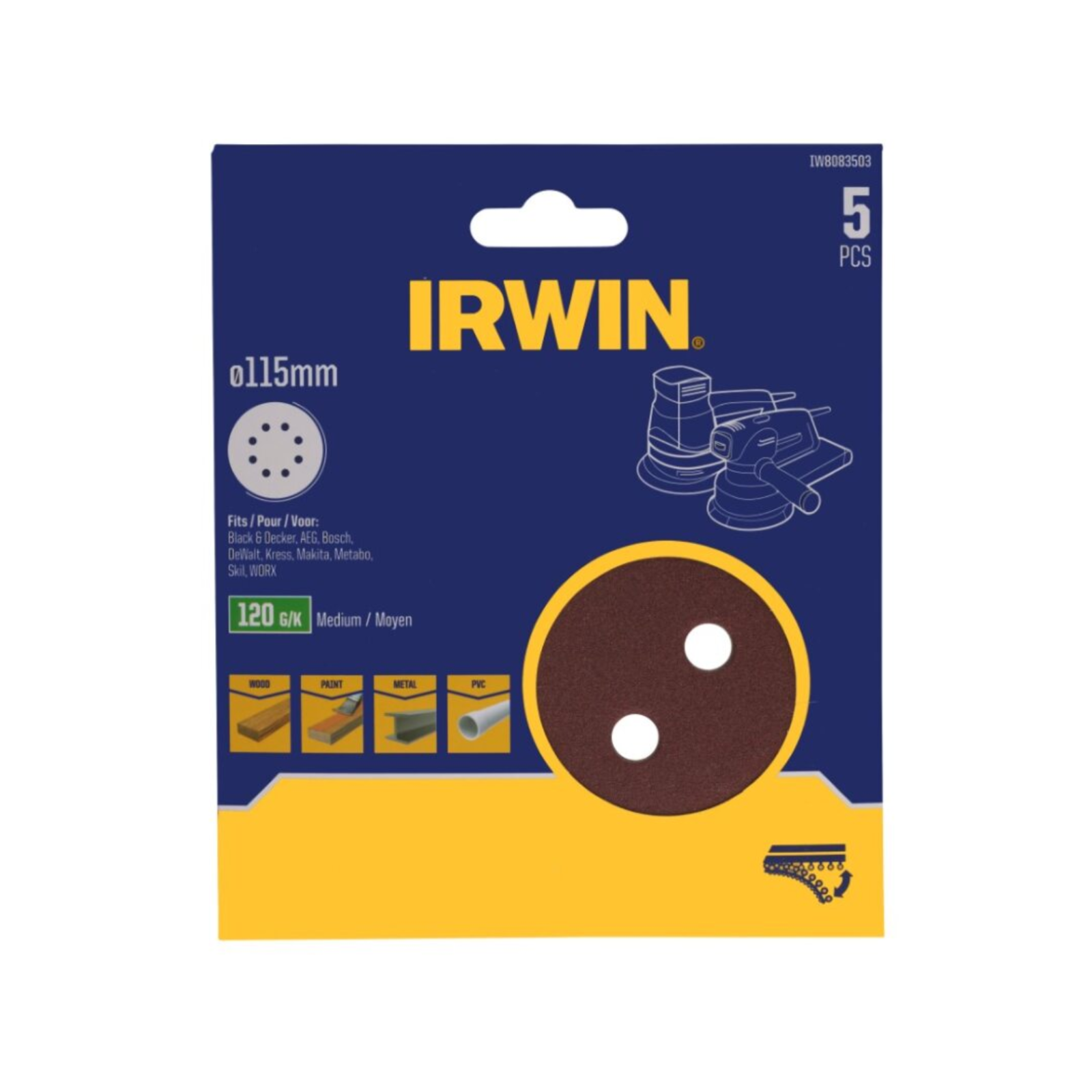 Irwin 115mm 80 Grit Quick Fit Random Orbital Sanding Discs 5 Pack, 8 Holes