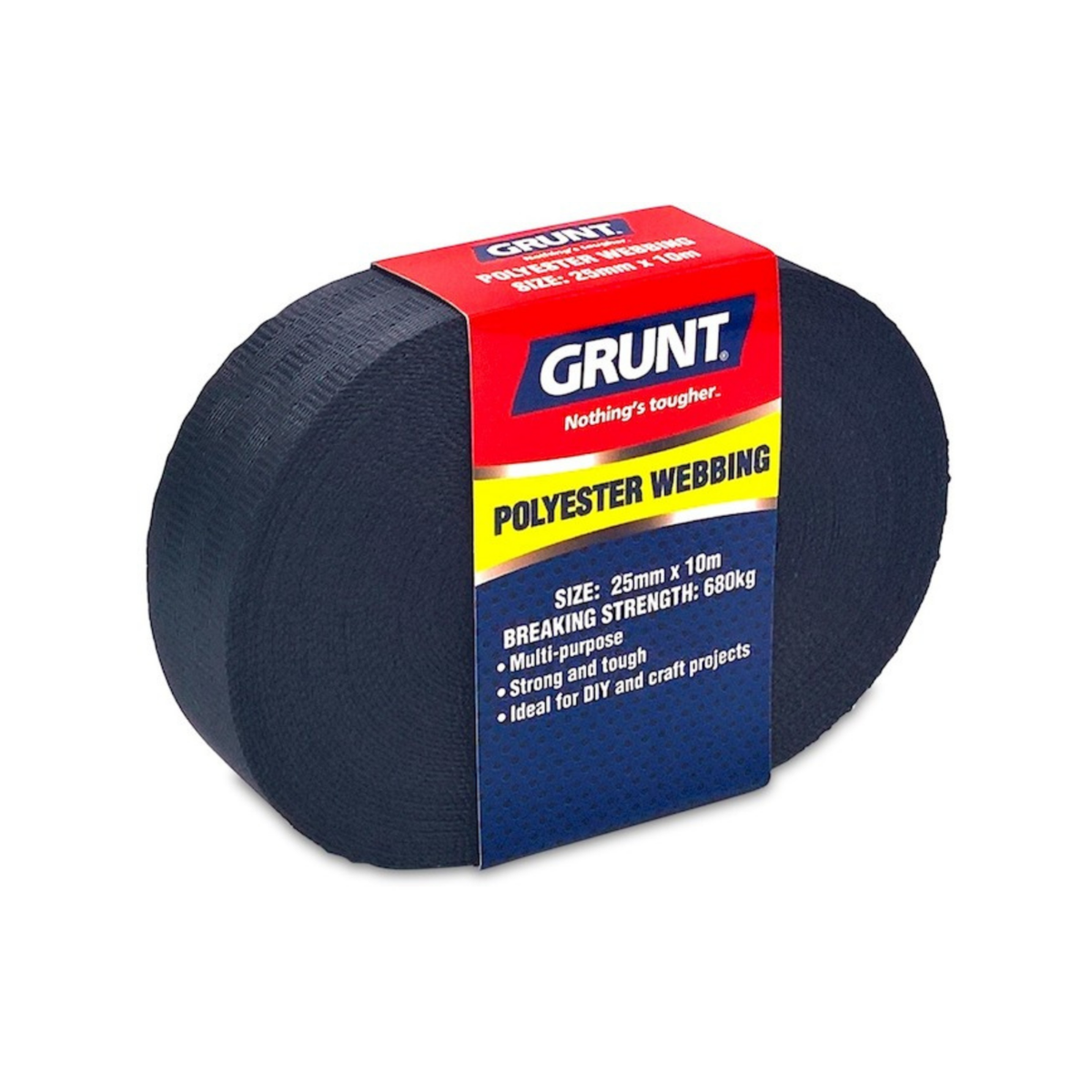 Grunt 25mm x 10m Heavy Duty Black Polyester Webbing - Strong - Pliable - 1100kg Breaking Strength - SuperSaverAU - view 1