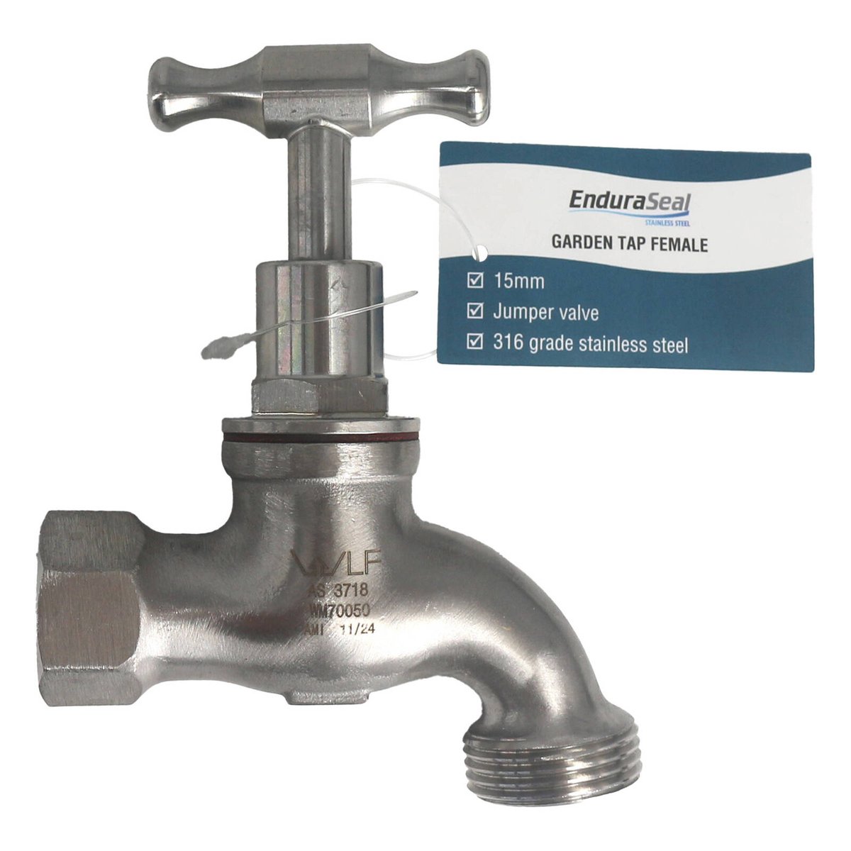 EnduraSeal Stainless Steel Female Garden Tap, 15mm, 316 Grade, Indoor & Outdoor