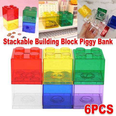 6 Pack Stackable Building Block Coin Bank Toy Savings Jar