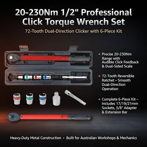 6 Piece Click Torque Wrench Set 20 to 230 Nm with 72 Tooth Reversible Ratchet