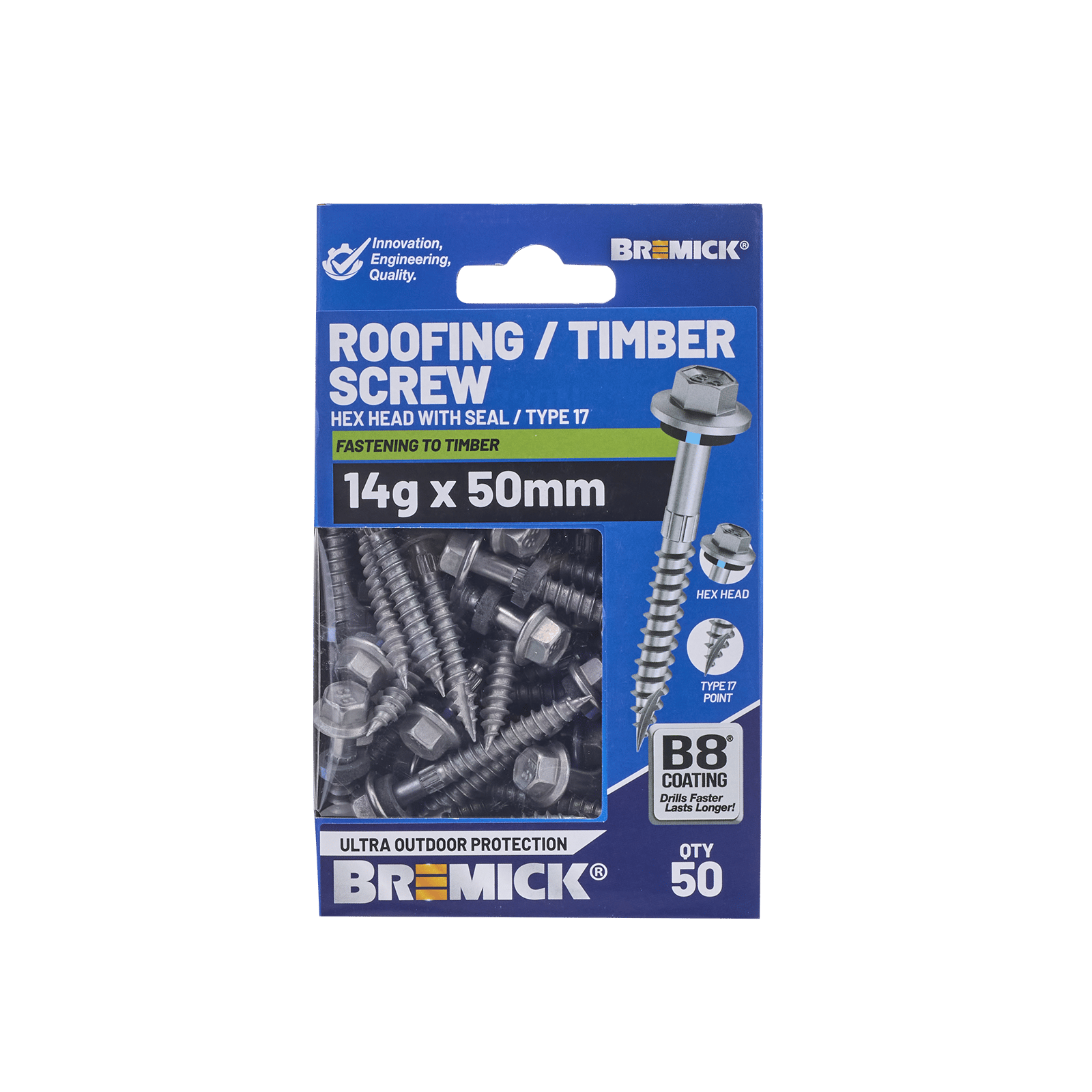 Bremick 14G x 50mm Hex Roofing Screw with Seal, Type 17 Coarse Thread - 50 Box