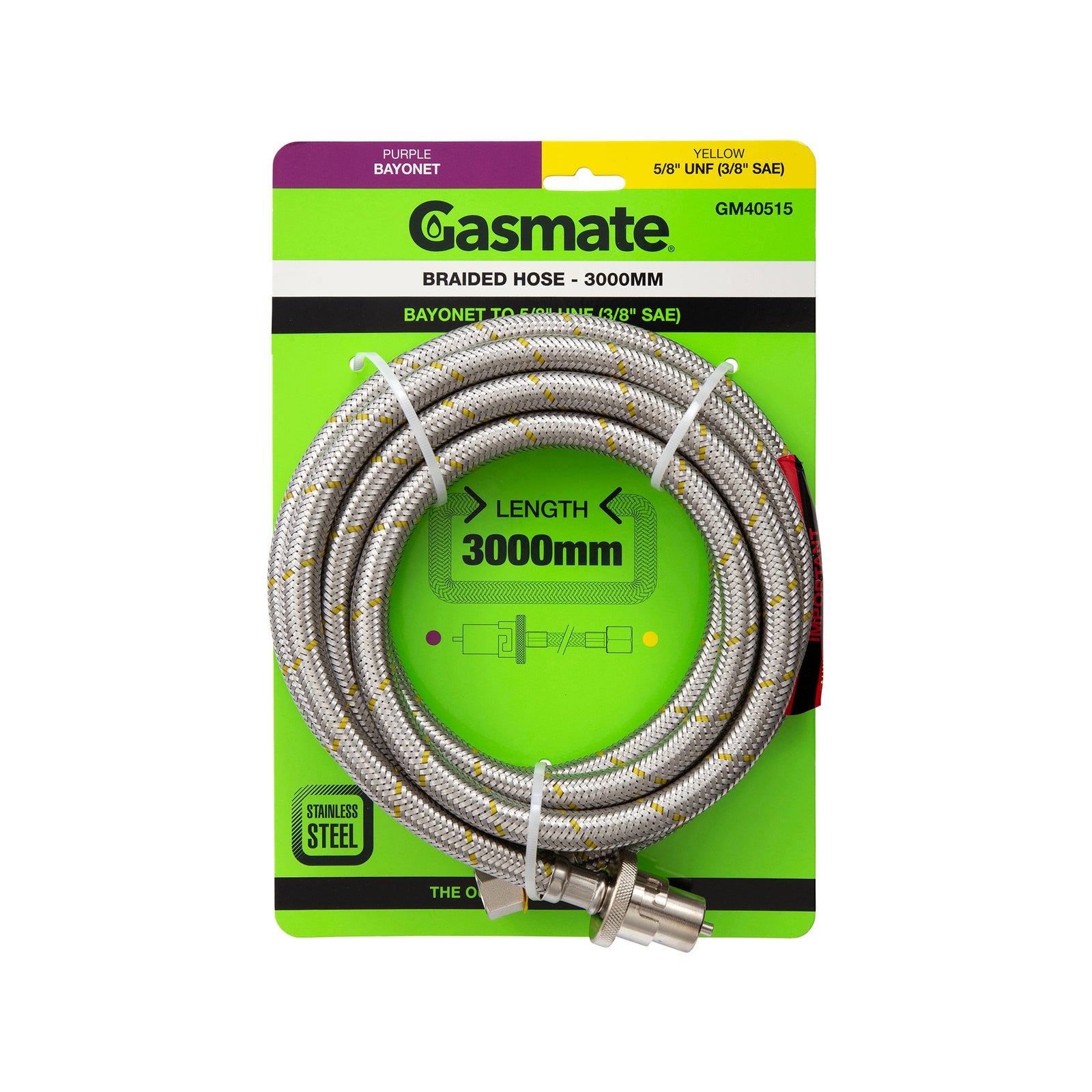 Gasmate Braided Hose 3000mm Bayonet to 5/8" UNF (3/8" SAE) Push Connect