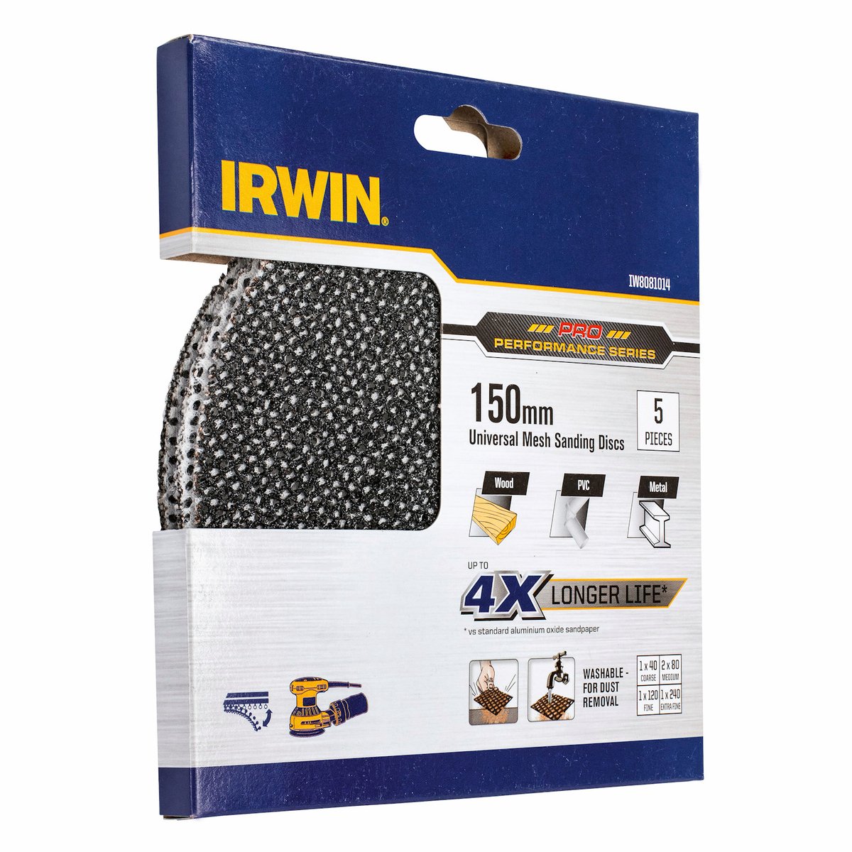 Irwin 150mm Mixed Grit Orbital Sanding Disc Mesh Velcro 5 Pack 40 80 80 120 240