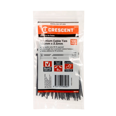 Crescent 100mm x 2.5mm Black UV Resistant Nylon Cable Ties 100 Pack