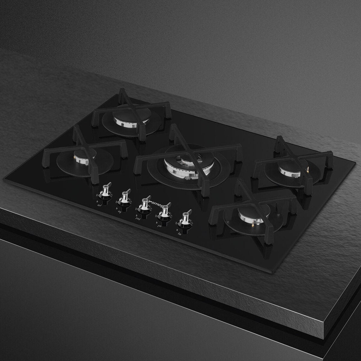 Smeg 72cm 5 Burner Gas on Glass Cooktop - Black Tempered Glass - Wok Burner - PV375NAU