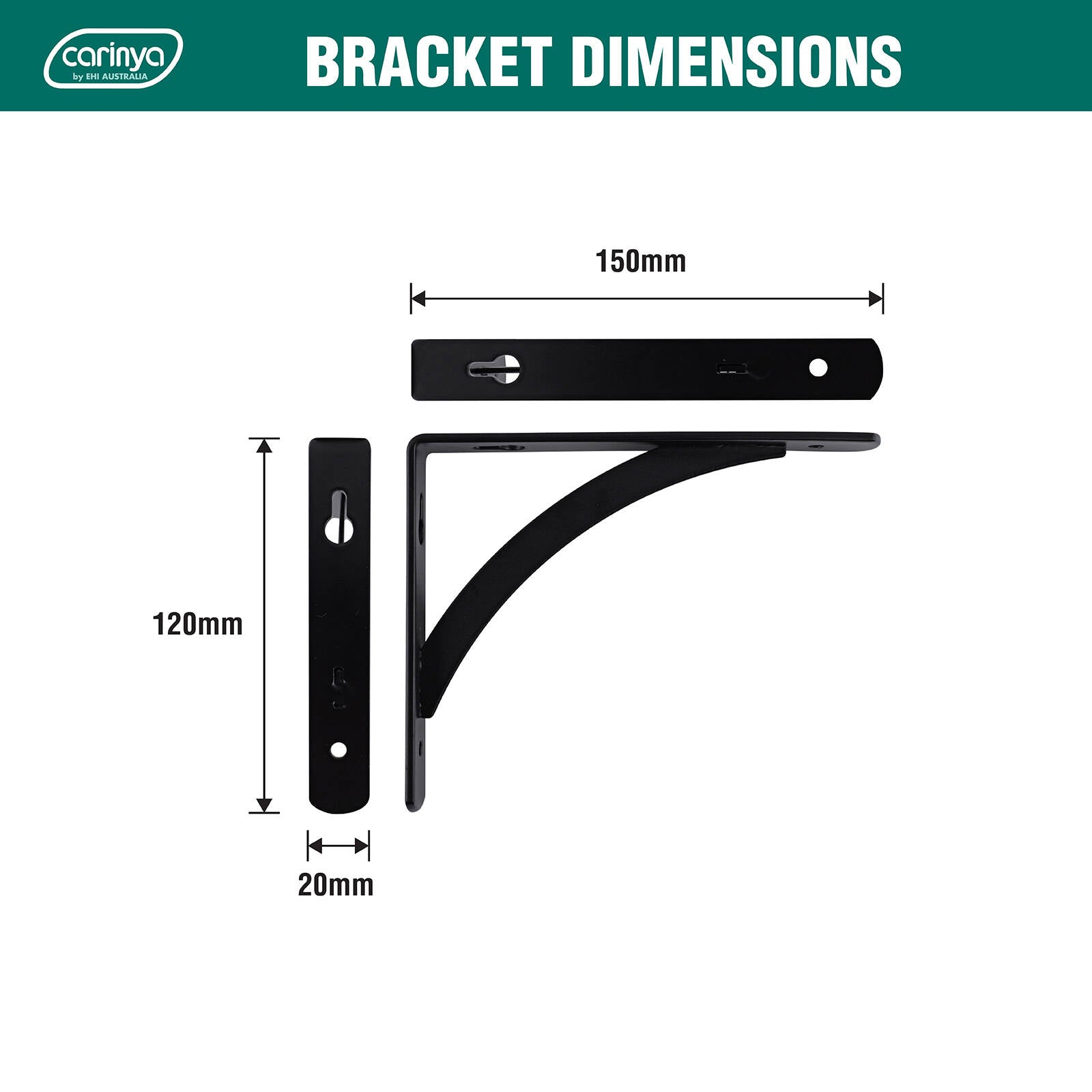 Carinya 150 x 120mm Black Arch Stayed Shelf Bracket Powder Coated 85kg