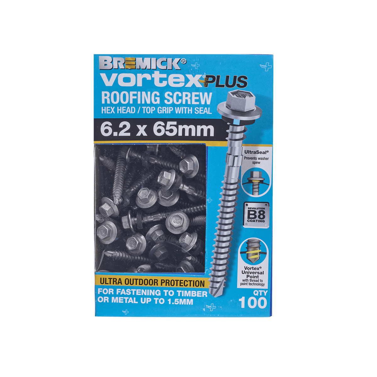 Bremick 6.2 x 65mm Vortex Plus Roofing Screw with Seal, Hex Head Fine Thread - 100 Box