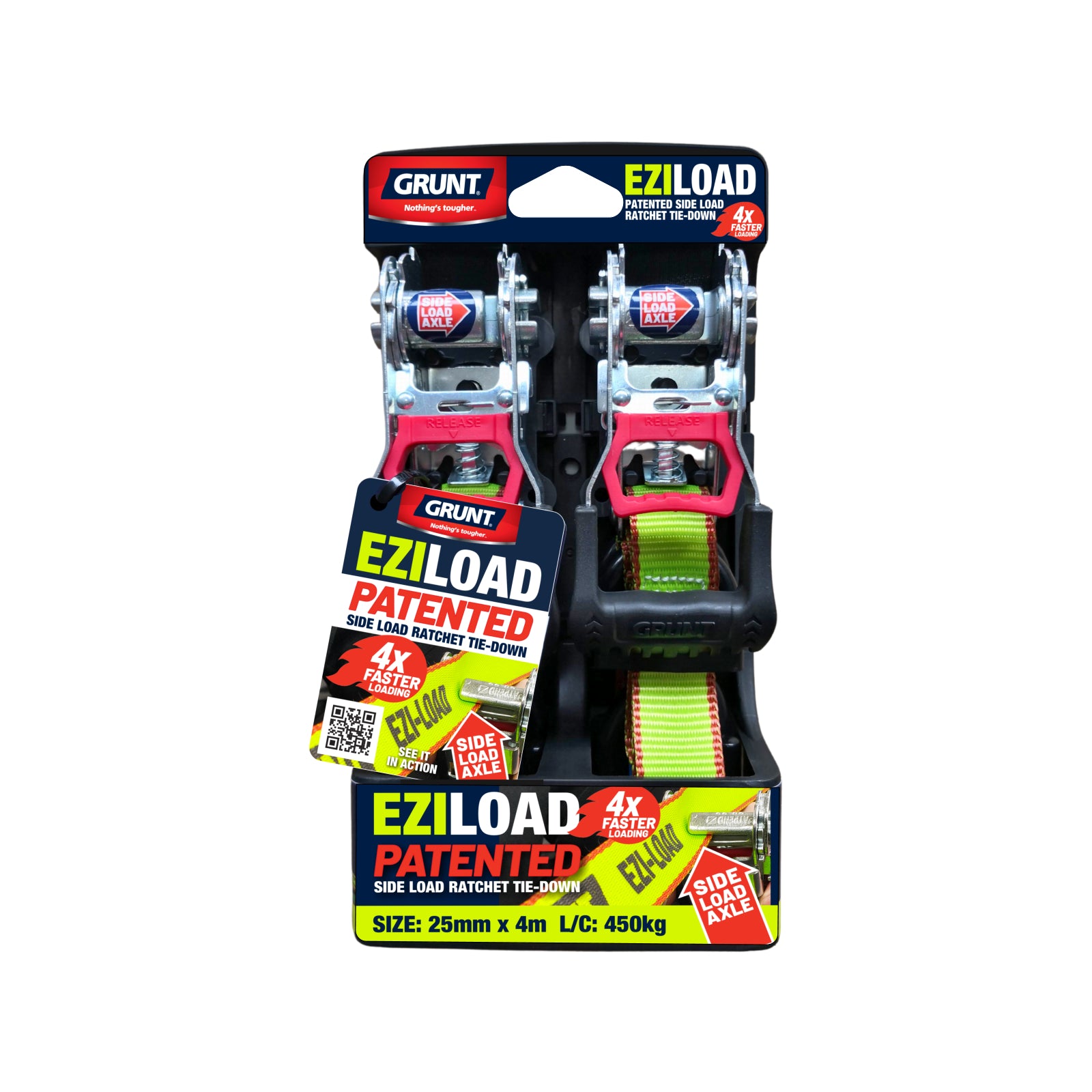 Grunt Ezi-Load 25mm x 4m Ratchet Tie-Down Straps 2 Pack 450kg