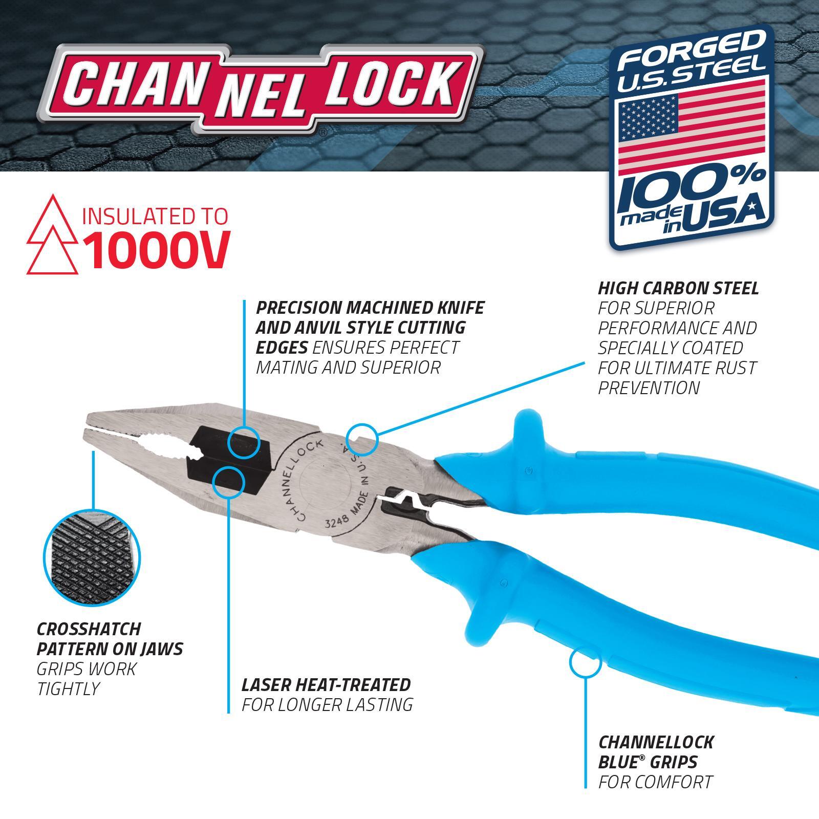 Channellock 216mm Linesmen Pliers Steel Built-In Cutter Serrated Jaw