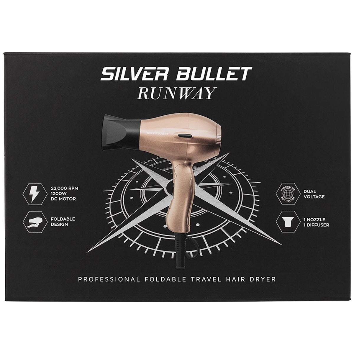 Silver Bullet Runway Foldable Travel Hair Dryer 1200W - Champagne, 12m/s Airflow, Dual Voltage - 900423