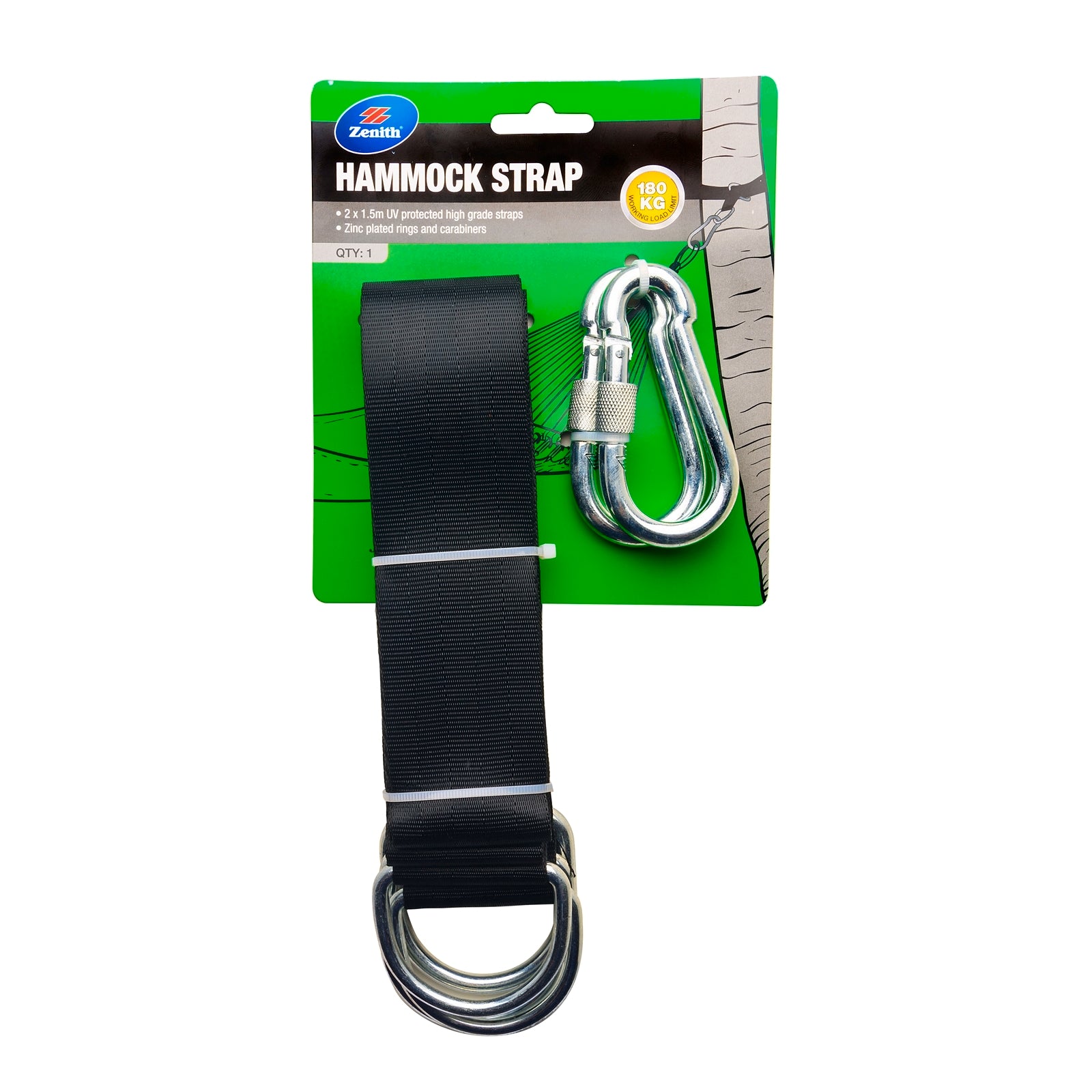 ZENITH 1.5m Polyester Hammock Straps with Carabiners Zinc Plated