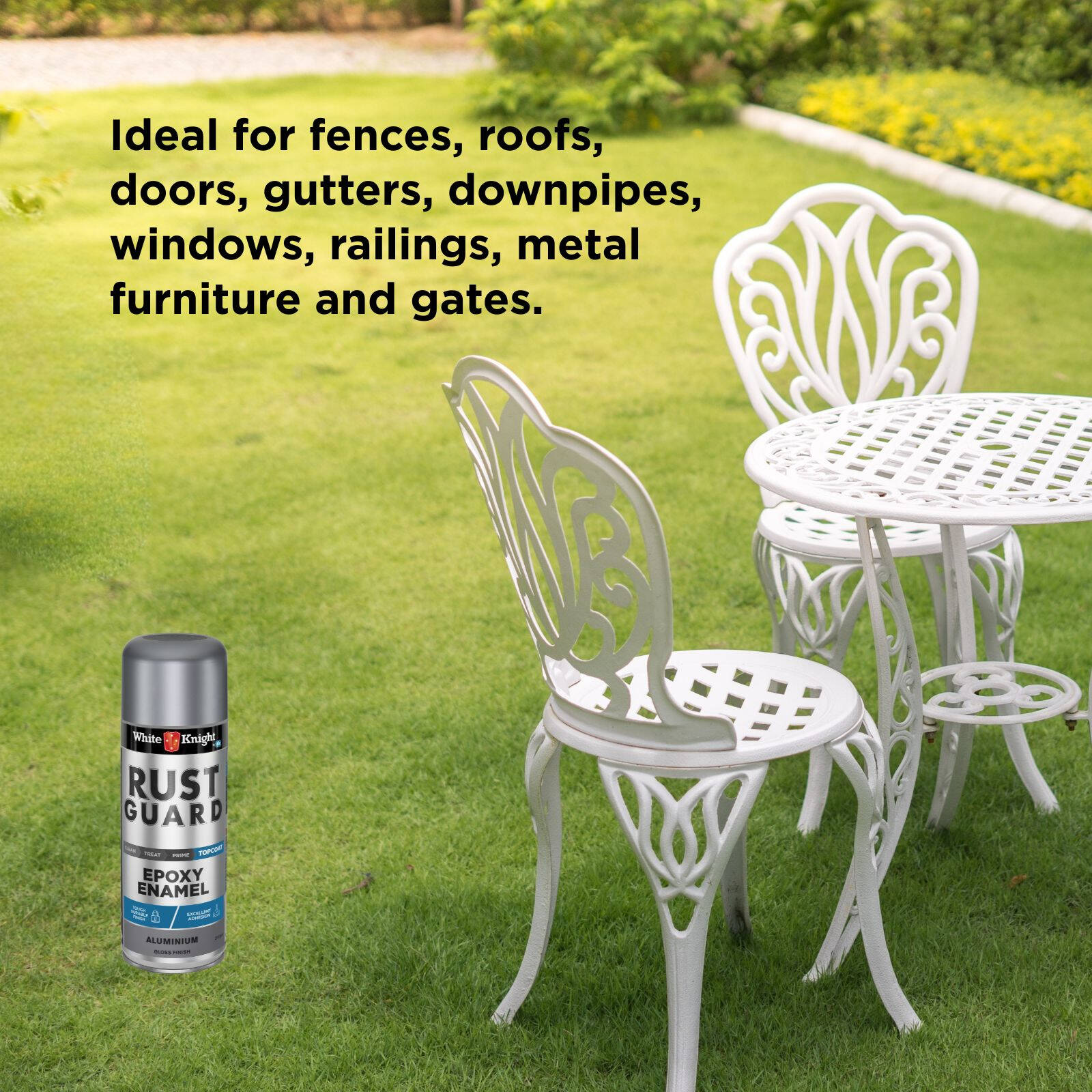 White Knight Rust Guard Epoxy Enamel Spray Paint 310g - Aluminium Gloss, Solvent Based Metal Finish