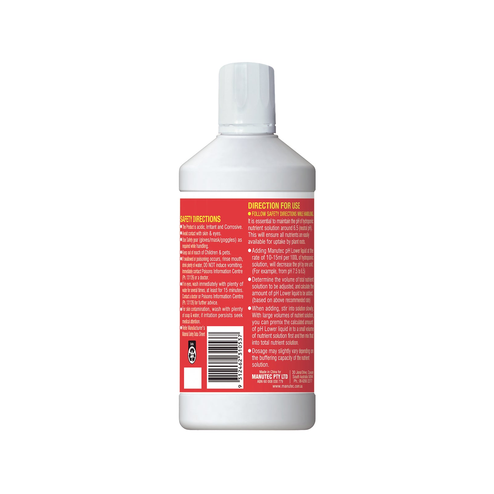 Manutec 600ml Hydroponic pH Lower Acidifying Solution