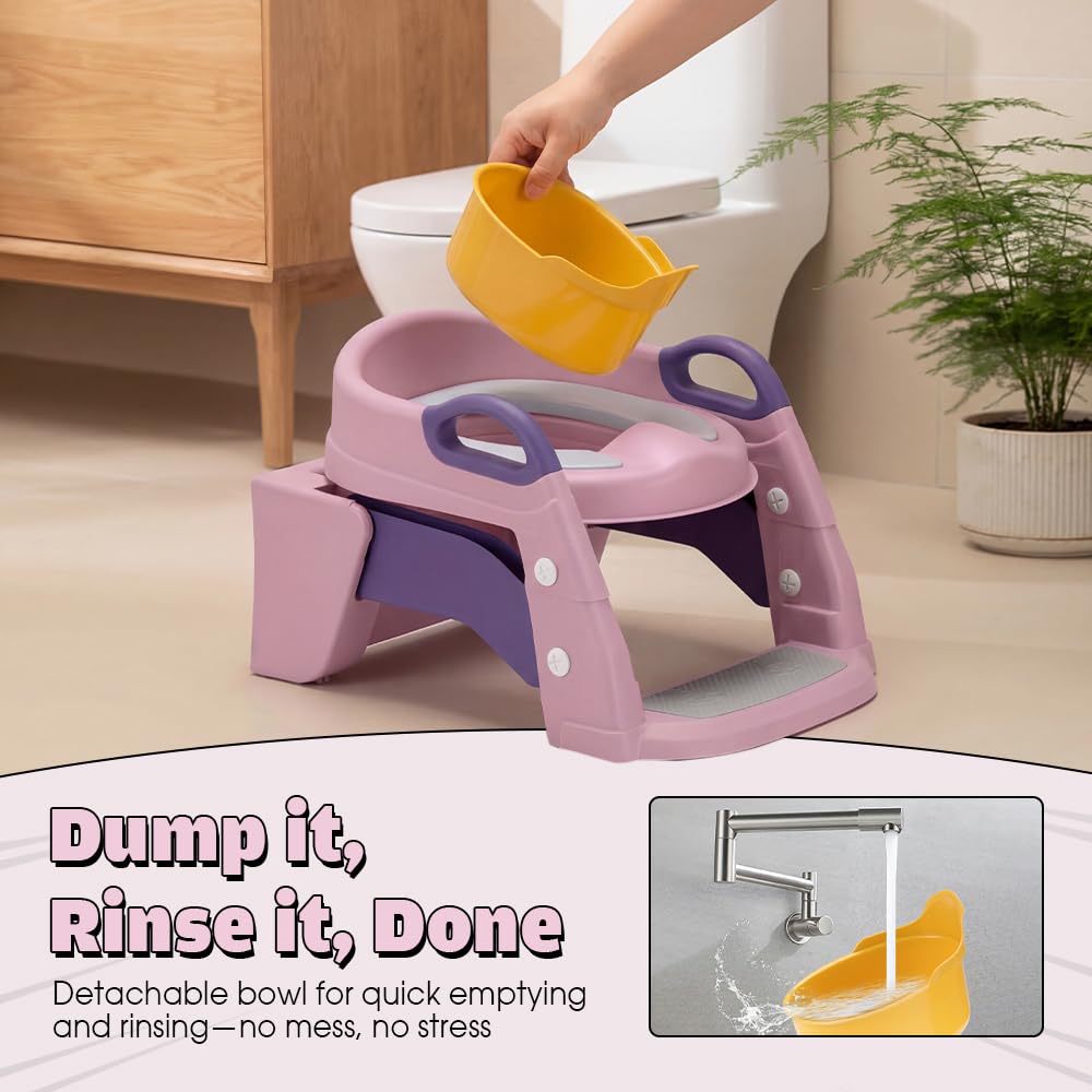 2-in-1 Potty Training Seat with Step Stool Ladder - Pink - Splash Guard, Soft PU Cushion, Non-Slip