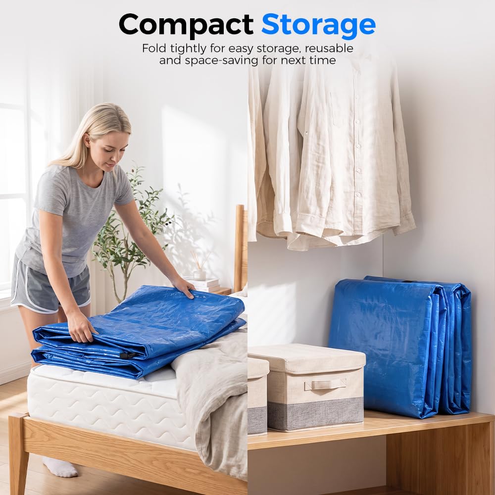 Mattress Bag for Moving and Storage - Double - 120gsm PE Tarp, 8 Heavy Duty Handles, Zip on Three Sides, Water Resistant