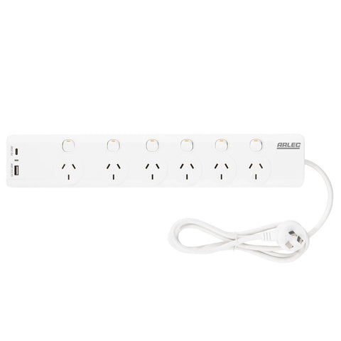 Arlec 6 Outlet Surge Protected Powerboard 1.8m - White - PD20W USB Charging - SuperSaverAU - view 1