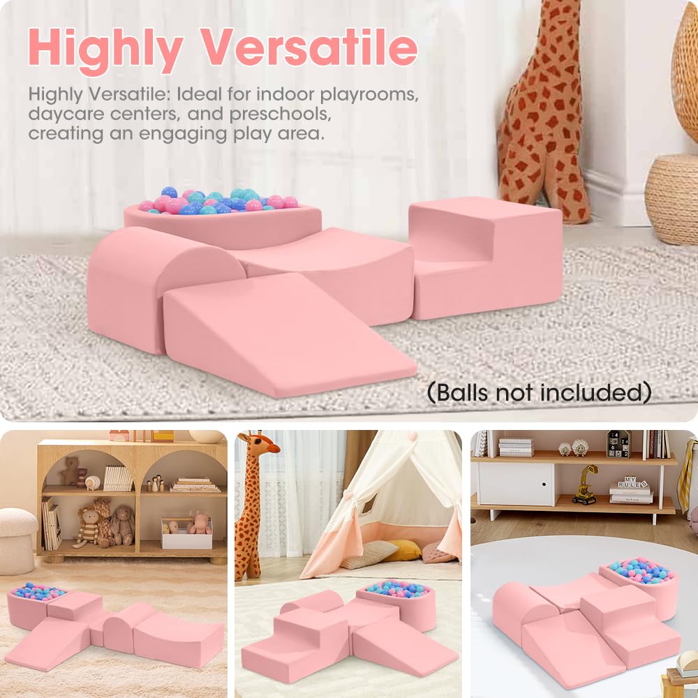 Soft Play Climb Set 5 Piece - Pink - Crawl and Climb Foam Blocks, Removable Washable Covers
