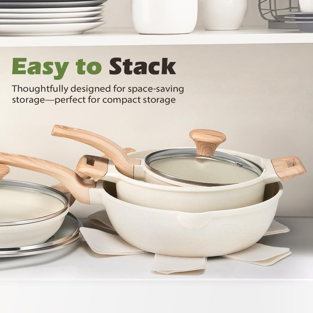 Classic Cookware Set 13 Piece - White - Nonstick Granite Coating, Fixed Stay Cool Handles, PFOA and PFOS Free