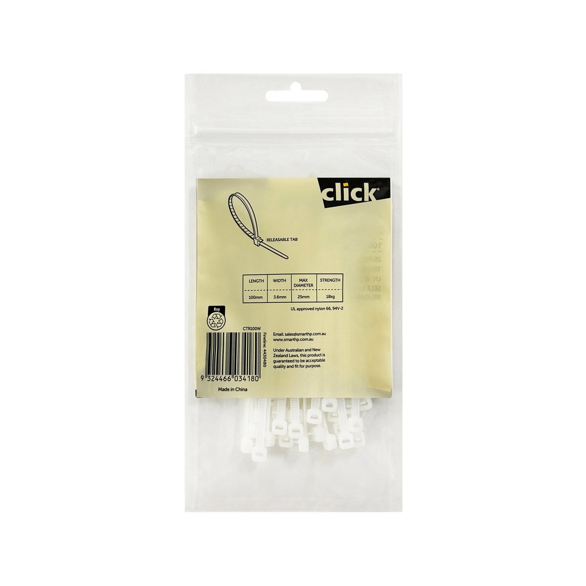 Click 100mm White Releasable Cable Tie 25 Pack - UV Resistant Nylon Reusable