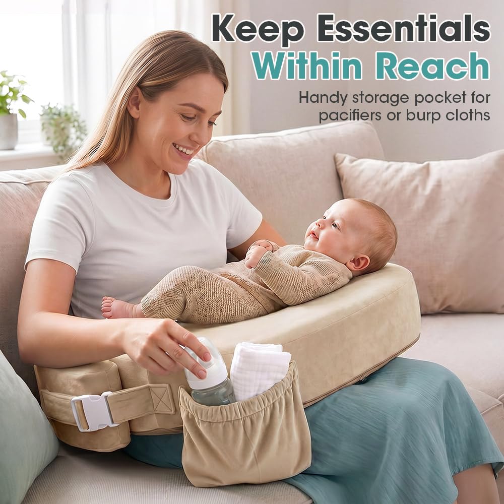Nursing Pillow with Side Pocket - Beige - Wide Wrap-Around Fit, High-Density Foam, OEKO-TEX Cover