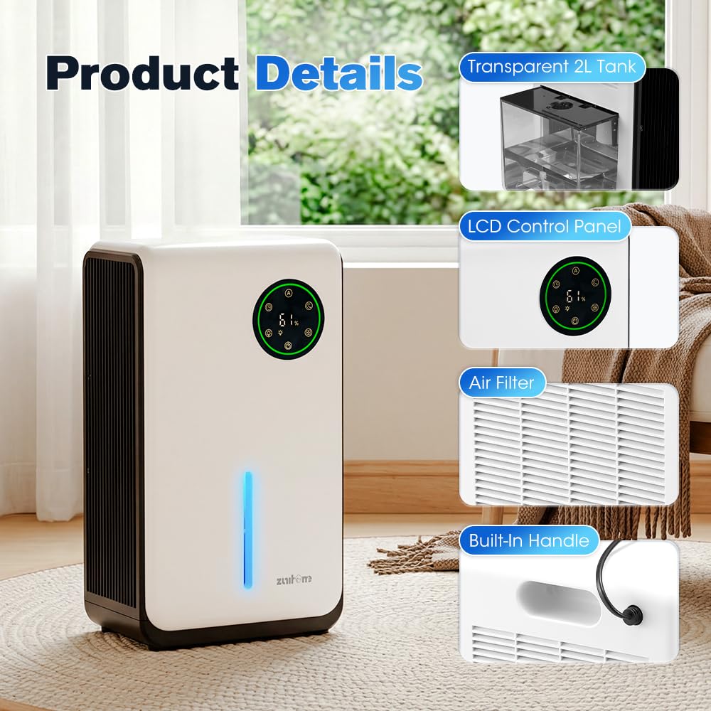 Portable Dehumidifier 2L Tank - White - Removes 500-1000ml a Day, Covers 50sqm, 24 Hour Timer, Auto Shut Off