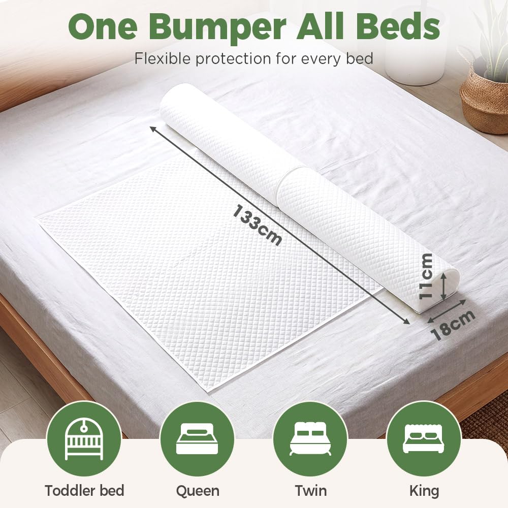 Toddler Bed Bumpers 2-Pack with Handle - White - Memory Foam, Under-Sheet Flap, Water-Resistant