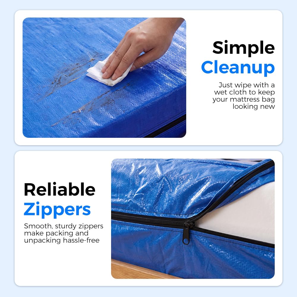 Mattress Bag for Moving and Storage - Single - 120gsm PE Tarp, 8 Heavy Duty Handles, Zip on Three Sides, Water Resistant