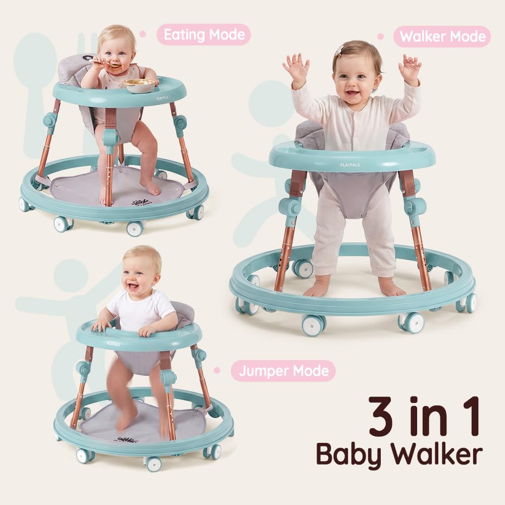 3-in-1 Baby Walker and Activity Table - Mint - 4 Height Positions, Folding Frame, 6-18 Months