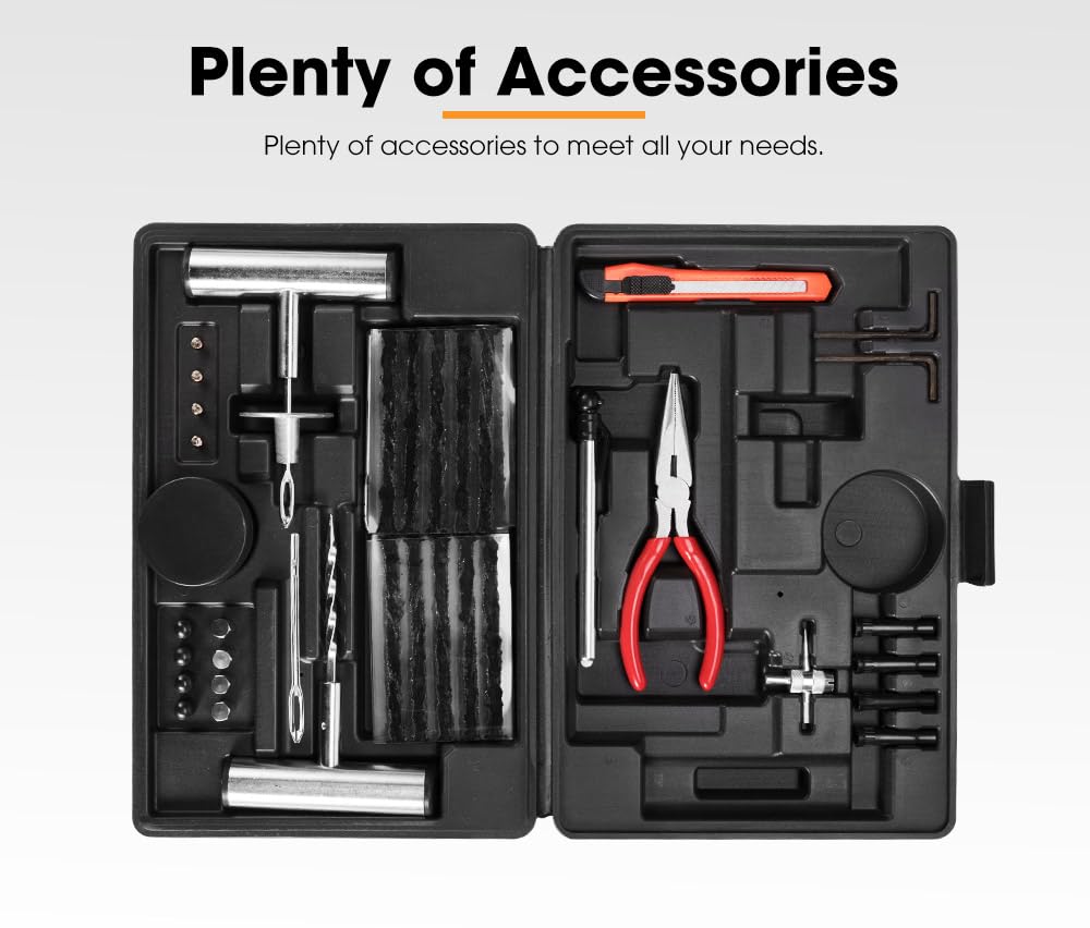 Tyre Puncture Repair Kit - 67 Piece - Tubeless Plug Kit, 0-50 PSI Gauge, Steel T Handle Tools and Carry Case for 4WD